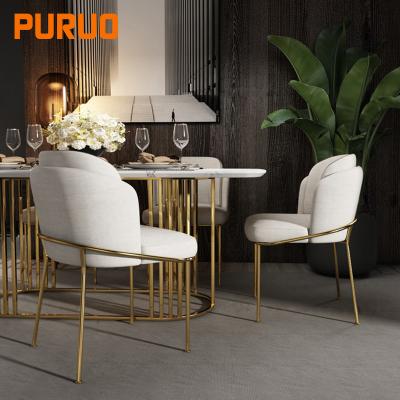 China Hot Sale High End Dining Room Furniture Hotel Comfortable Gold Stainless Steel French Frame Fabric Dining Chairs for sale