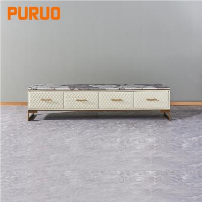 China PURUO Design New Design Living Room Furniture Mirrored Gold Stainless Steel TV Cabinet Glass Wood Rack for sale
