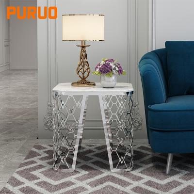 China PURUO hot sale luxury nordic tempered smart marble corner side table stone stainless steel golass mirror bed stone for sale