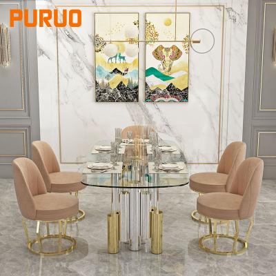 China PURUO Modern Velvet/Fabric Gold Round Leather Dining Table Set 6 Chairs Furniture Home Dining Room Chairs for sale