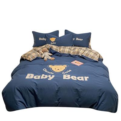 China Non-Toxic Denim Cotton Bed Linen Cute Cartoon Embroidered Washed Comforter Sets Mikasa Children's Bedding Three-Piece 100% Cotton for sale