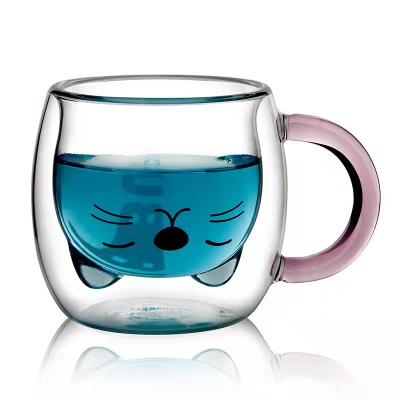 China Contemporary Lovely Cat 280ml Double Wall Glass Mug Double Wall Glass Espresso Cup Coffee Mug for sale