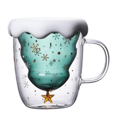 China High Quality Contemporary Christmas Borosilicate Glass Snowflake Double Wall Mugs With Handle for sale