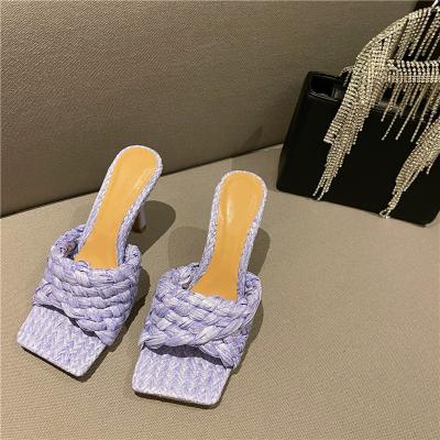 China 2021 New Light Weight Mesh Pumps Sandals Female Square Toe Sexy Yellow High Heel Lace Up Luxury Cross-tied Hollow Stiletto Dress Design for sale