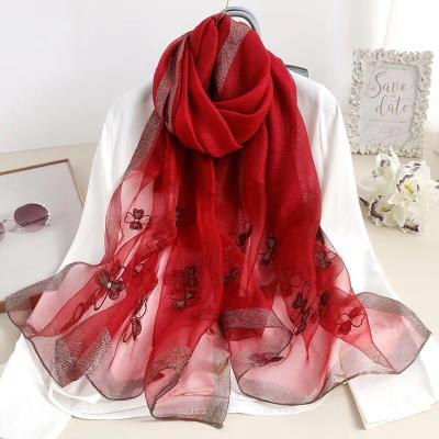 China New Wool Embroidered Silk Scarf Reversible Women's Clothing Dress Flower Feeling Silk Scarf Wholesale Soft Woolen Silk Scarf Reversible Shawl for sale