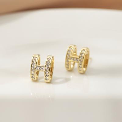 China CLASSIC 18k Solid Gold Tasty Sparkling CZ Stud Earring | Delicate Real Gold Diamond Letter H Stud Earring for sale