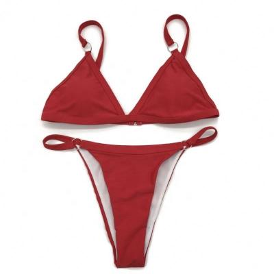 China Breathable wee bikini swimwear butt crack! crack! Triangle Bikini Solid Color Red Swimwear Padded Bikini Set for sale