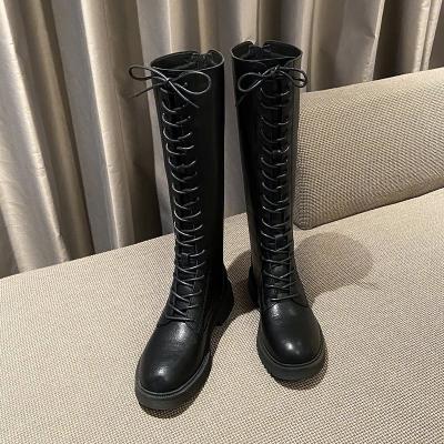 China 2021 Anti-slippery autumn latest fashion thin boots high top leather trim long black boots women shoes for sale