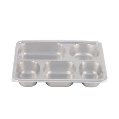 China Disposable SS 304 Divided Fast Food Lunch Dish With PP Lip Stainless Steel 5 Compartment Kids School Canteen Rectangular Tray for sale