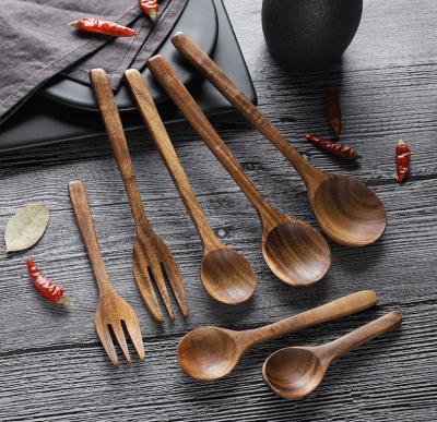 China Sustainable Acacia Wood Wooden Tableware Spoon Fork Utensils Set With Long Handle for sale