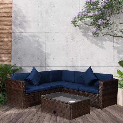 China Modern CURRENT US Outdoor Garden Patio Furniture 4 Piece Brown Navy Upholstered Sofa Set With 2 Pillows And NAVY Coffee Tables for sale