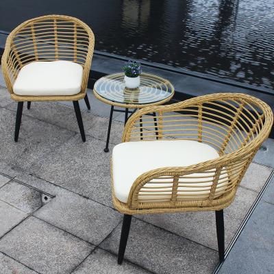 China SHARES 3 Pcs Modern Outdoor Patio Balcony Natural USA Wicker Chair Table Set With Cushion Tempered Glass Table Top Beige Yellow for sale