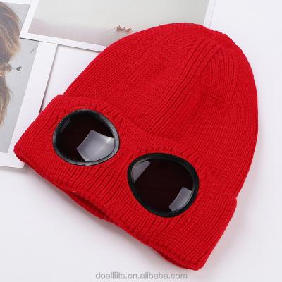 China JOINT Custom Winter Hotsale Removable Goggles White Knitted Beanie Hat With Fluff Inside for sale