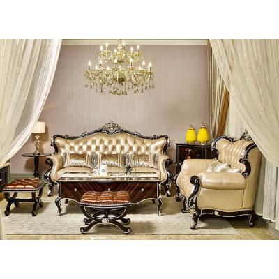 China AJJ MA130 Hotel Living Room Sofa Romantic Wooden Neoclassical Hot Leather Wooden Home Luxury Royal Sofa for sale