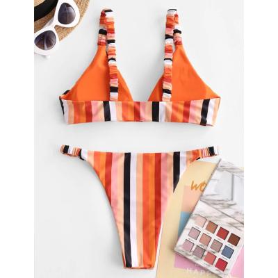 China New 2021 High Selling V-Neck Stripe Ladies Two Piece Swimsuit Ladies Swimwear Breathable Hot Waist Thong Swimwear for sale