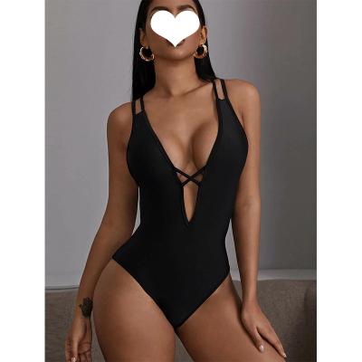 China Black Breathable Sexy Deep Back Cross One Piece Swimsuit One Piece Bikini for sale