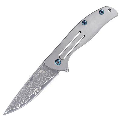 China Liberation Mini Folding Knife Titanium Screw Handle with Mini Folding Pocket Knife Damascus Blade for sale