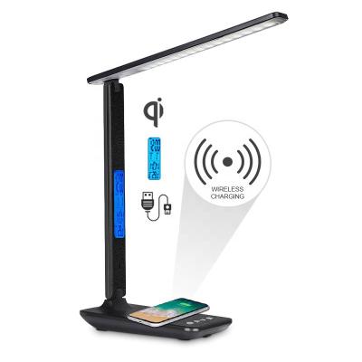 China European Eye Protect Read LCD USB Port 10W QI Wireless Fast Clock Calendar LED Light Desk Table Fill Lamp for sale