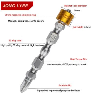 China Steel JONGLYEE 10 pcs S2 Anti-slip strong magnetic ring 65MM Screwdriver Bit Set double end Bit Phillips bits for sale