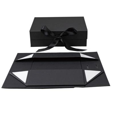 China Recyclable Hot Fancy Magnet Box Carton Black Rigid Flat Luxury Magnetic Folding Storage Paper Gift Box Packaging With Ribbon for sale