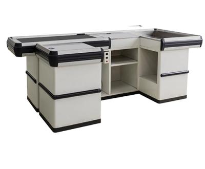 China Corrsion Protection Electric Supermarket Checkout Counter With Conveyor Belt for sale