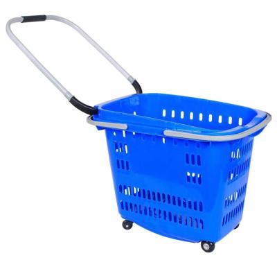 China 50L Supermarket Top Plastic Shopping Basket With Four Wheels for sale