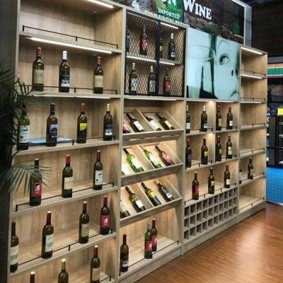 China Double sided supermarket red wine rack display, wooden wine display wall for sale