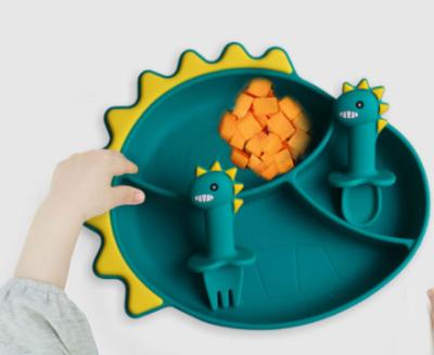 China BPA Free Baby Dinosaur Shape Dish Silicone Dish Self Feeding Training Bowl And Spoon And Fork Set for sale