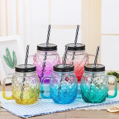 China Viable Mason Cup Pineapple Gradient Glass With Lid Straw Handle Kid Cup Customizable LOGO for sale