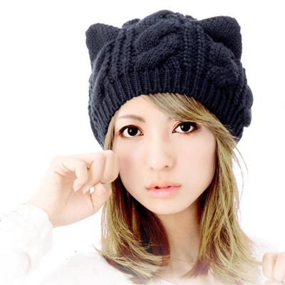 China Winter Women's COMMON Cat Ear Knitted Hat Cap Beanie Hat Custom Fashion Solid Color Warm Female Hat for sale