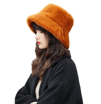 China New Designer Plush Women Girl's Warm Faux Fur Beret Hat Basin Hat Trimmed Fashion Fishermen Hat for sale