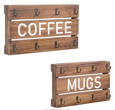 China Personalized Europe Rustic Wood Wall Coat Rack Distressed Brown Wood Wall Mounted Coat Hanger 8 Hook Coffee and Mug Hangers for sale