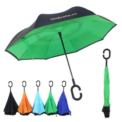 China Double Layer Custom Windproof Reverse Umbrella With C-Shaped Handle for sale