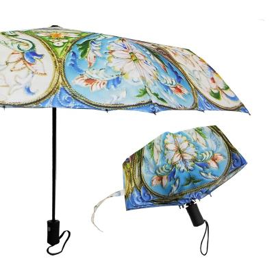 China Automatic Minimalist Portable 3 Fold Travel Umbrella With Full Digital Printing Sleeve for sale