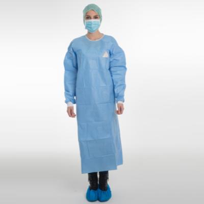 China Disposable medical care SURGICAL GOWN SMS fabric 45gsm, with long sleeves, knitted cuffs for sale