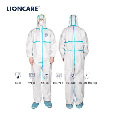 China Coverall with hood disposable protective coveralls with tape function Type4/5/6 Lioncare anti static cn; HEB for sale