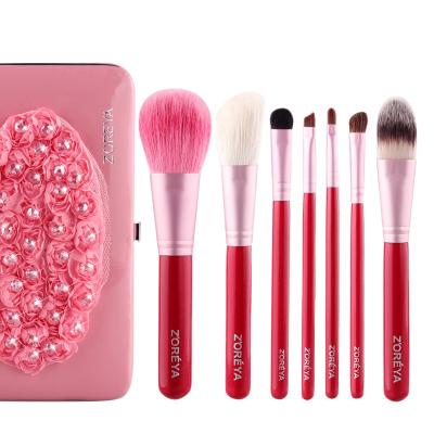 China Soft Stiffens 2020 New Red-Pink Color Private Label Natural Hair 7pcs Makeup Brush Set for sale