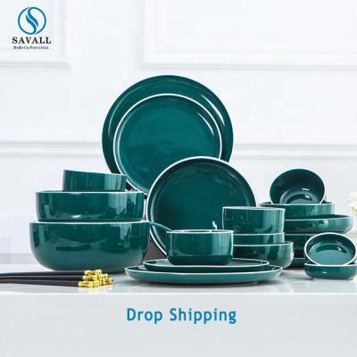 China Savall HoReCa OEM 8-21pc Sustainable Porcelain Dinner Sets Porcelain Dinner Sets Bone China Dinnerware Green Ceramic Dinnerware Sets Tableware for sale