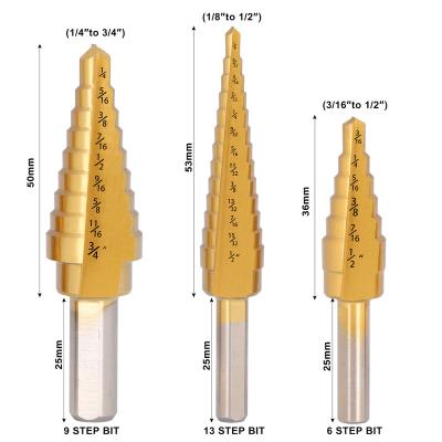 China Metal Drilling HSS 6542 m2 Titanium Coated Titanium Alloy Step Straight Flute Drill Bit Set Gold Alloy for sale