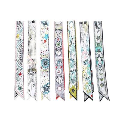 China Elegant Custom Square Scarf Printing White Silk Tie Handle Bag Scarf Ribbon for sale