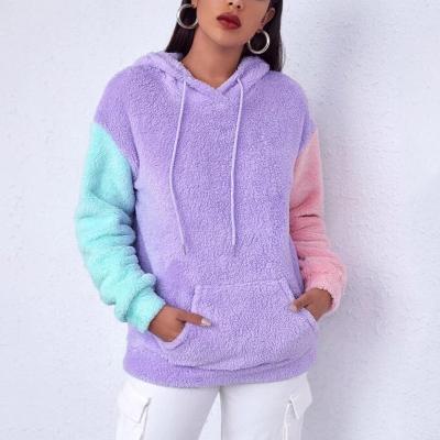 China Anti-pilling New Arrival Drop Shoulder Pocket Colorblock Teddy Shearling Hoodie Ladies Winter Thick Hoodies for sale