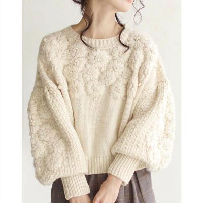 China Anti-Wrinkle Flower Sweaters Women Winter Chic Hand Knitted Warm Long Sleeve Loose Knit Sweater for sale