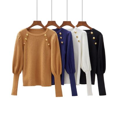 China Anti-Wrinkle Solid Color Retro Ruched Sleeve Round Neck Women Knitted Button Sweater Tops Blouses Knitted Basic Sweaters for sale