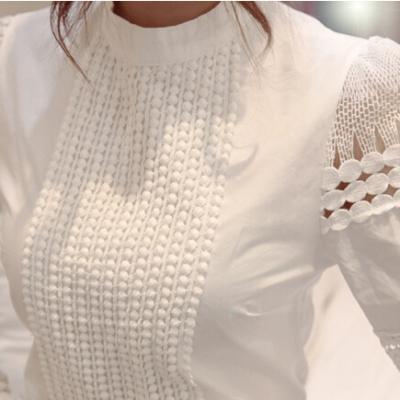 China new Anti-wrinkle women blouses slim bottom long sleeve shirt lace crochet flower white hollow for sale