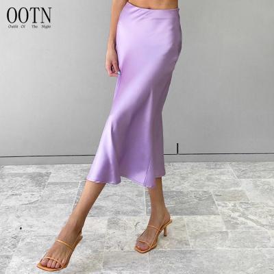 China Elegant Ladies Summer High Waisted Dry Cleaning Women Skirts Purple Satin Silk Midi Skirt for sale