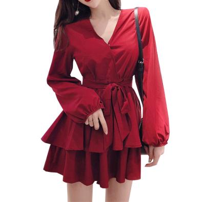 China Breathable Long Sleeve Dress Waist Shows Slim Draping Feeling Ruffle Lantern Skirt A Line New Retro Autumn Dress for sale