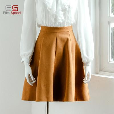 China 2017 latest design ladies fashion ribbed suedette upper winter high waist brown a line swing midi skirts for sale