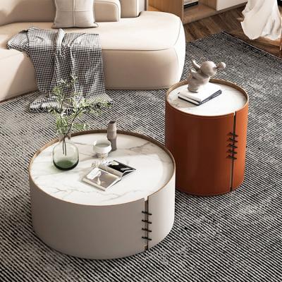 China Contemporary American Cowboy Art Coffee Table Saddle Leather Solid Wood Round Multilayer Panel Coffee Table Living Room Furniture for sale