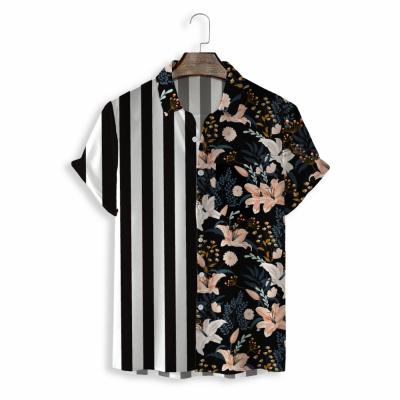 China 2022 Summer Sale Men's Hawaiian Shirts QUICK DRY Hawaiian Shirts Black And White Stripe Print Black And White Casual Floral Shirt for sale