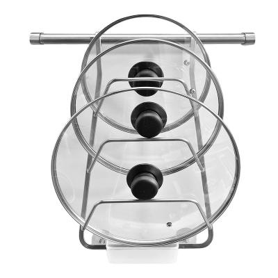 China Viable Modern Kitchen Pot Lid Rack Stainless Steel Wall Mounted Hanging Pot Lid Organizer with Hanging Rod for sale